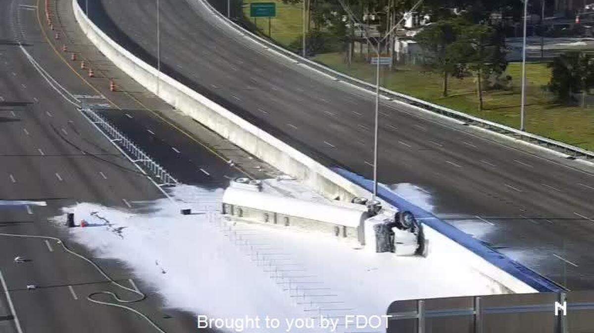 The overturned tanker truck that shut down Interstate 95 in Broward County Tuesday morning