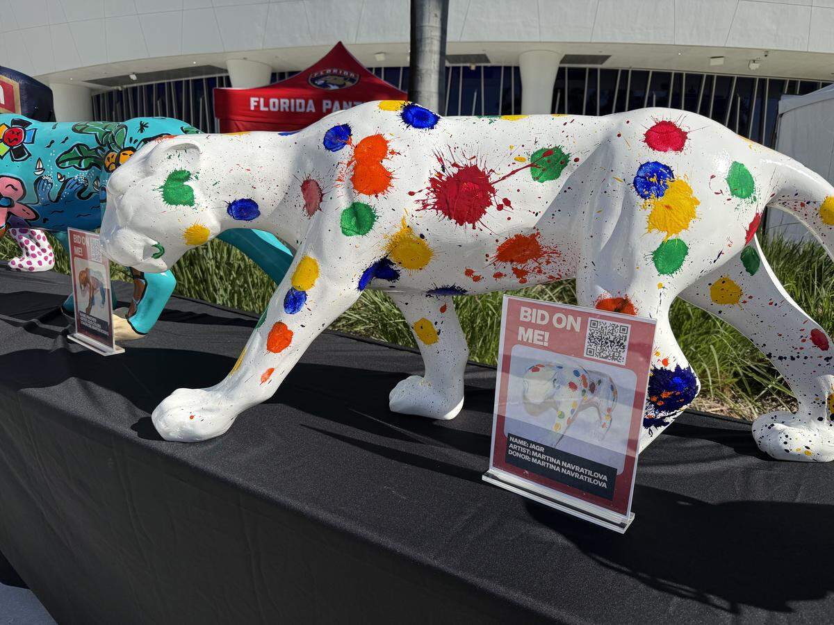 Jagr, a panther statue donated by tennis legend Martina Navratilova, is on display on the West Plaza of loanDepot park on Friday, Jan. 2, 2026, as part of the “Panthers on the Prowl” fundraiser headed by Florida Panthers president of hockey operations and general manager Bill Zito.