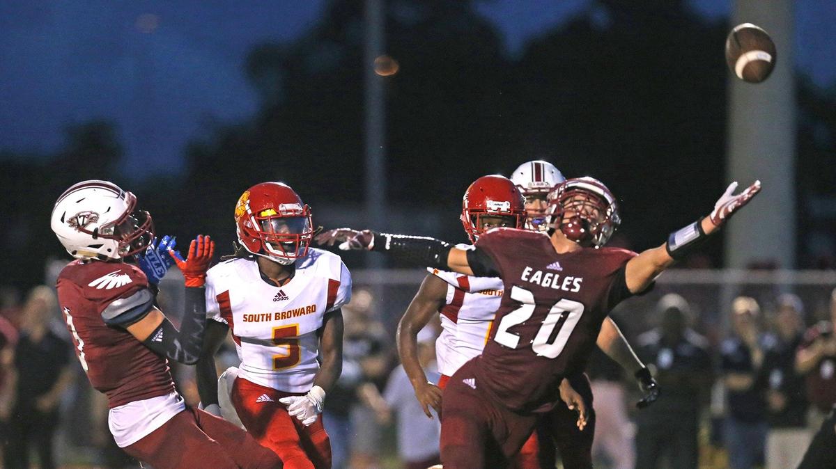 Marjory Stoneman Douglas’ Sherman Brown (20) reaches for a pass in the end zone as they play South Broward in the second quarter at Marjory Stoneman Douglas HS in Parkland, Florida, September 7, 2018.