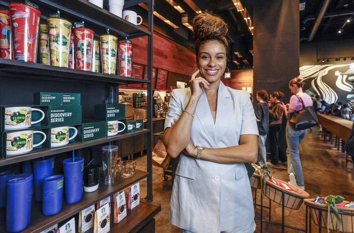 Kylie Russell, CEO and Owner of Priceless One Management stands inside Starbucks at the Brightline Station in Miami, Florida on Tuesday, December 9, 2025. Russell family members license a store of the coffeehouse chain in downtown Miami.
