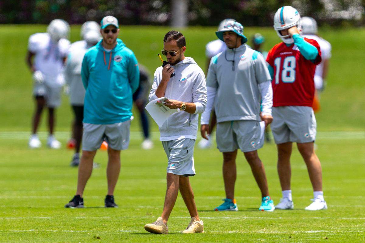 Dolphins Head Coach Mike McDaniel walks the field during 2023 Miami Dolphins Rookie Minicamp at Baptist Health Training Complex in Miami Gardens, Florida, on Friday, May 12, 2023.