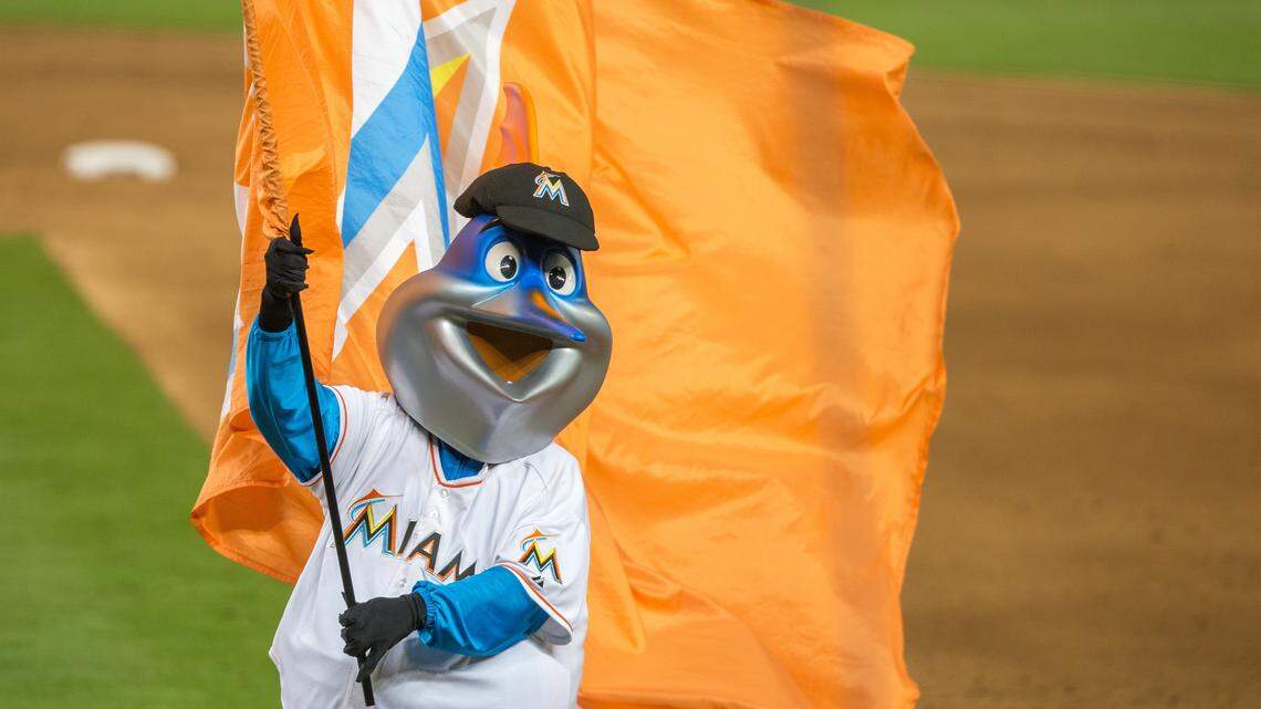 Billy the Marlin waves a marlins flag after the team beats the Los Angeles Dodgers 4-2 at Marlins Park in Miami on Tuesday, May 15, 2018.