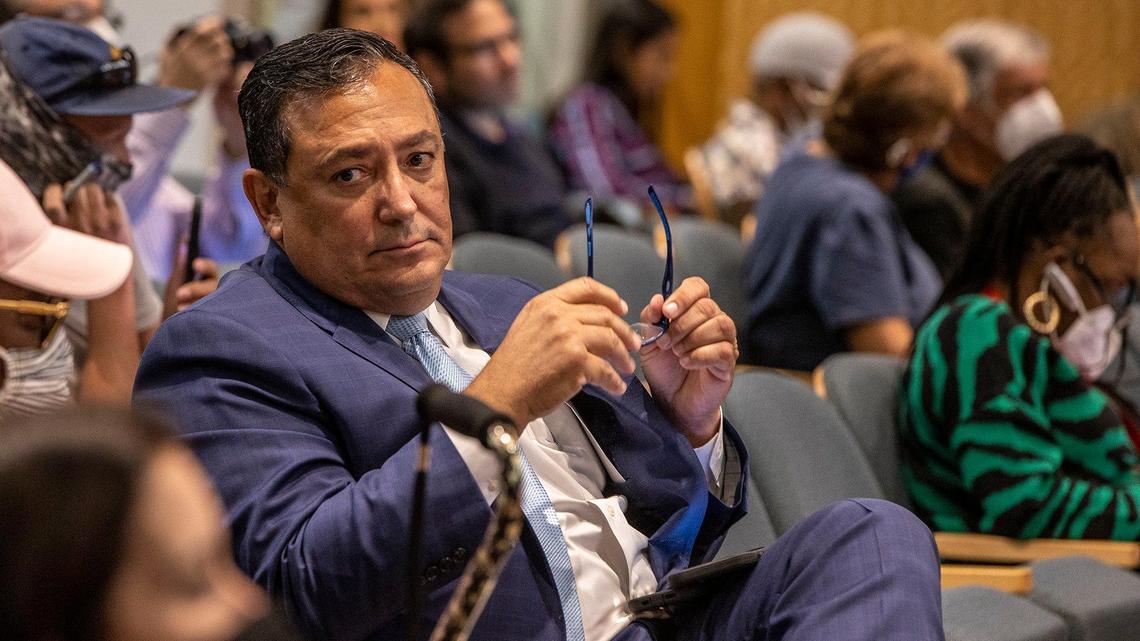 Embattled Miami Police Chief Art Acevedo sits in Miami City Hall during the special city commission meeting to determine his fate as police chief by the city’s five commissioners on Thursday, Oct. 14, 2021.