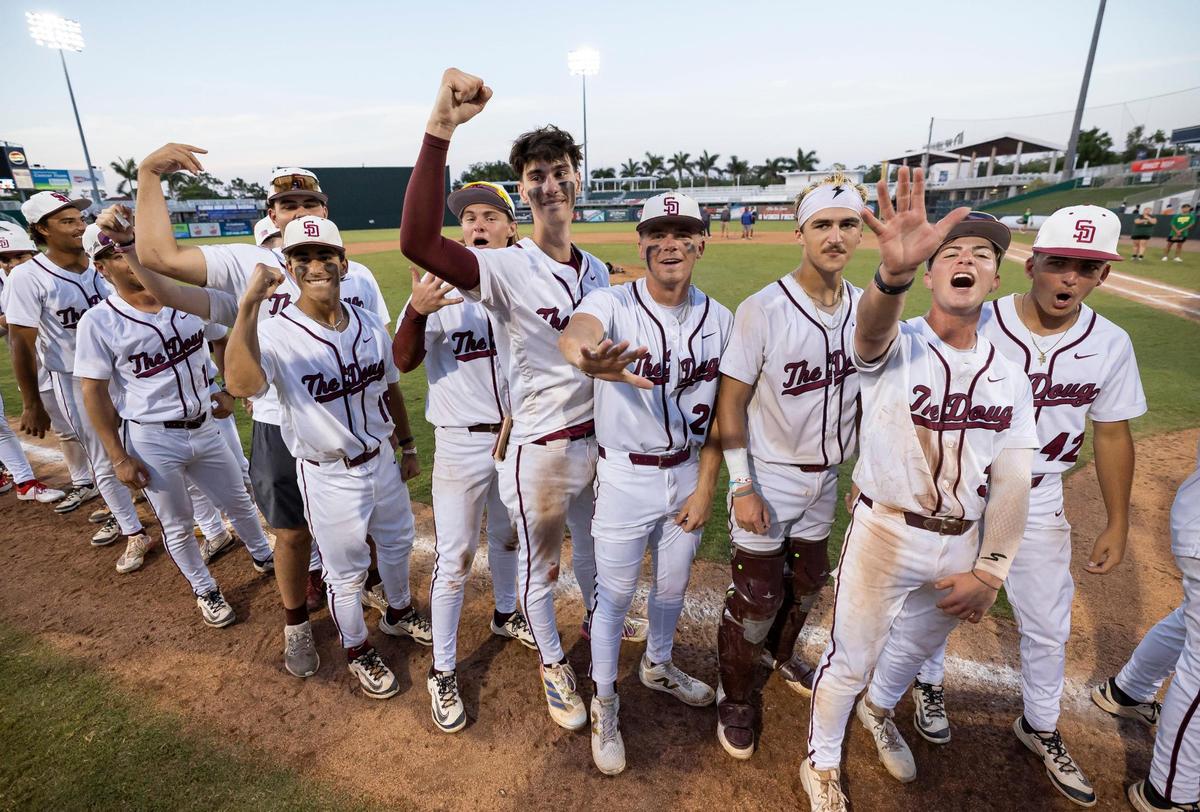 Stoneman Douglas Eagles celebrate after they defeated the Jupiter Warriors in their Class 7A state baseball championship game at Hammond Stadium on Saturday, May 17, 2025, in Fort Myers, Fla.