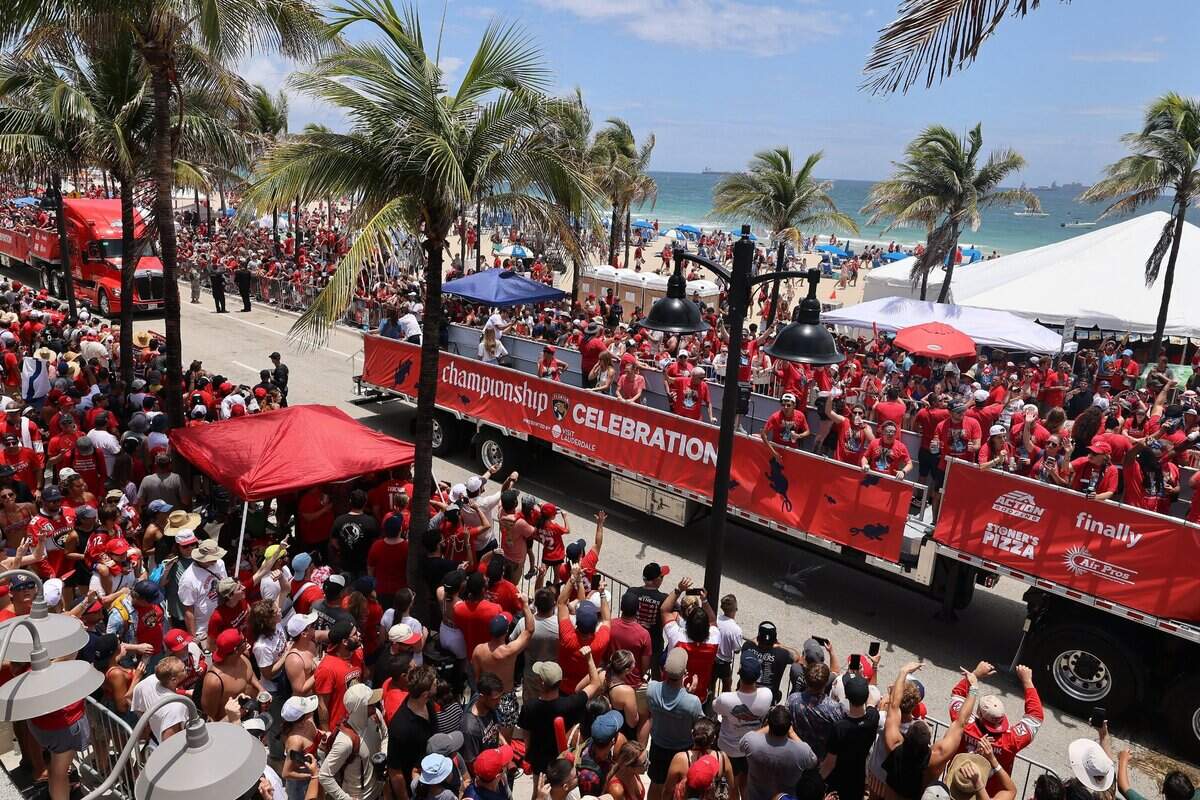 Flat bed semi moves through parade route on A1A just north of the staging area for the Florida Panthers Stanley Cup championship celebration parade on Sunday, June 22, 2025 in Fort Lauderdale, Florida.