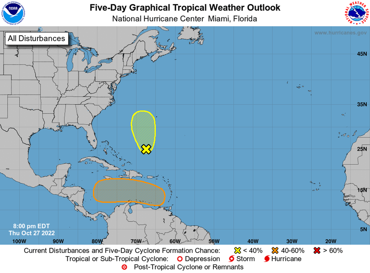 Forecasters are watching two disturbances in the Atlantic and Caribbean, the former has a low chance of formation and the other a medium within the next two to five days.