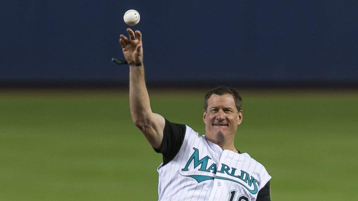 Former Miami Marlins player Jeff Conine throws the ceremonial first pitch of the game between the Miami Marlins and the Arizona Diamondbacks at Marlins Park in Little Havana on Friday, July 26, 2019. Known as Mr. Marlin for his contributions to Miami’s MLB franchise, Conine was named FIU associate head baseball coach, working under Mervyl Melendez.  
