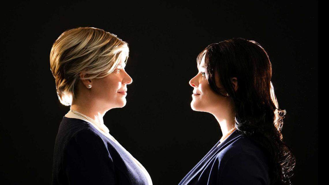 Danielle Skraastad as Hillary Clinton and Kyra Kennedy as Monica Lewinsky in ‘When Monica Met Hillary.’