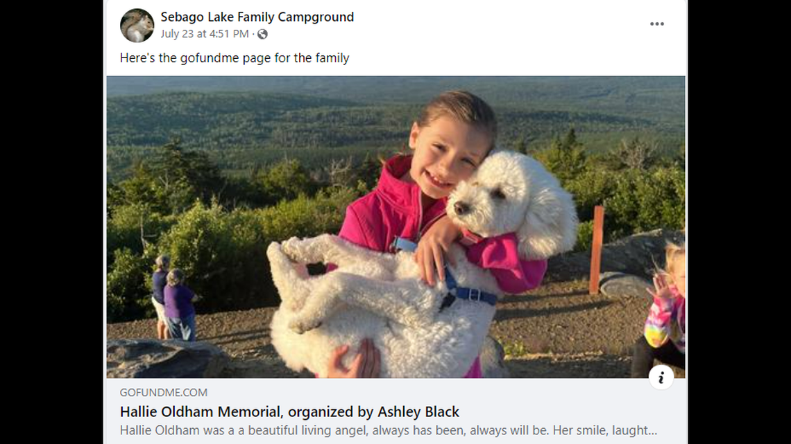 Hallie Oldham of Porland, Maine, died when a trees fell across the a truck where she had taken shelter during a storm, the Cumberland County Sheriff’s Office says.