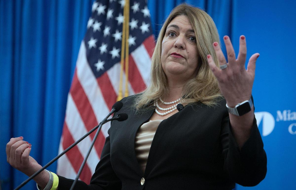 Madeline Pumariega speaks during her presentation Friday on the second and final day of presentations by candidates for the job of president of Miami Dade College. Pumariega is the provost of Tallahassee Community College and a former president of MDC’s Wolfson campus.