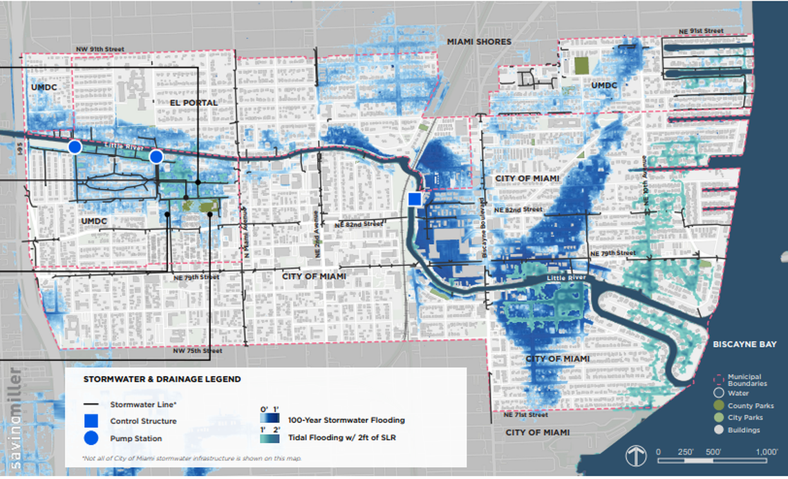 Miami-Dade County created a map of the Little River neighborhood showing which spots would flood under a foot of water now and which spots might flood during high tide under a future two feet of sea level rise.