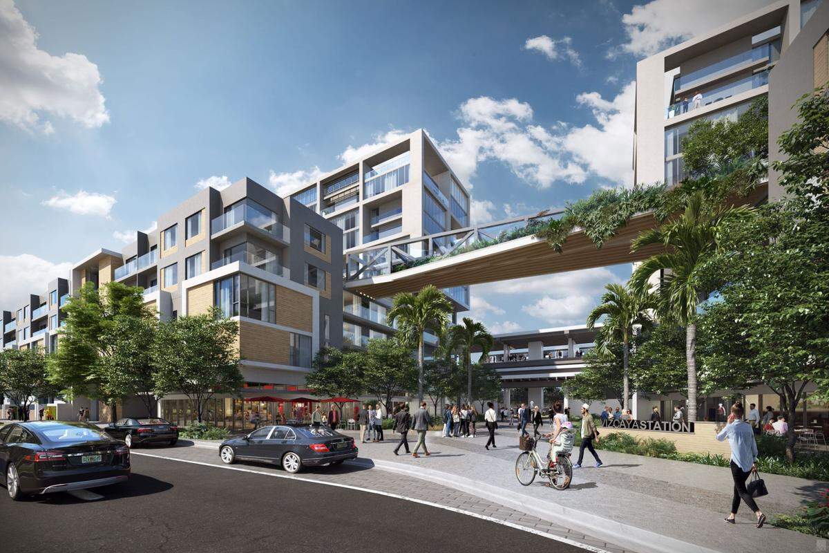 A rendering depicts Terra Group’s proposed redevelopment for the Vizcaya Metrorail Station as it fronts Miami’s The Roads neighborhood.