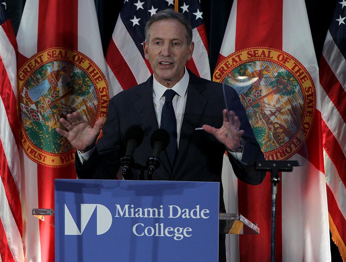 Howard Schultz, former Starbucks CEO, speaks at Miami Dade College’s Wolfson campus in Downtown Miami as he tours the country, mulling a presidential campaign as an independent candidate for the 2020 Elections. On Wednesday March 13, 2019.