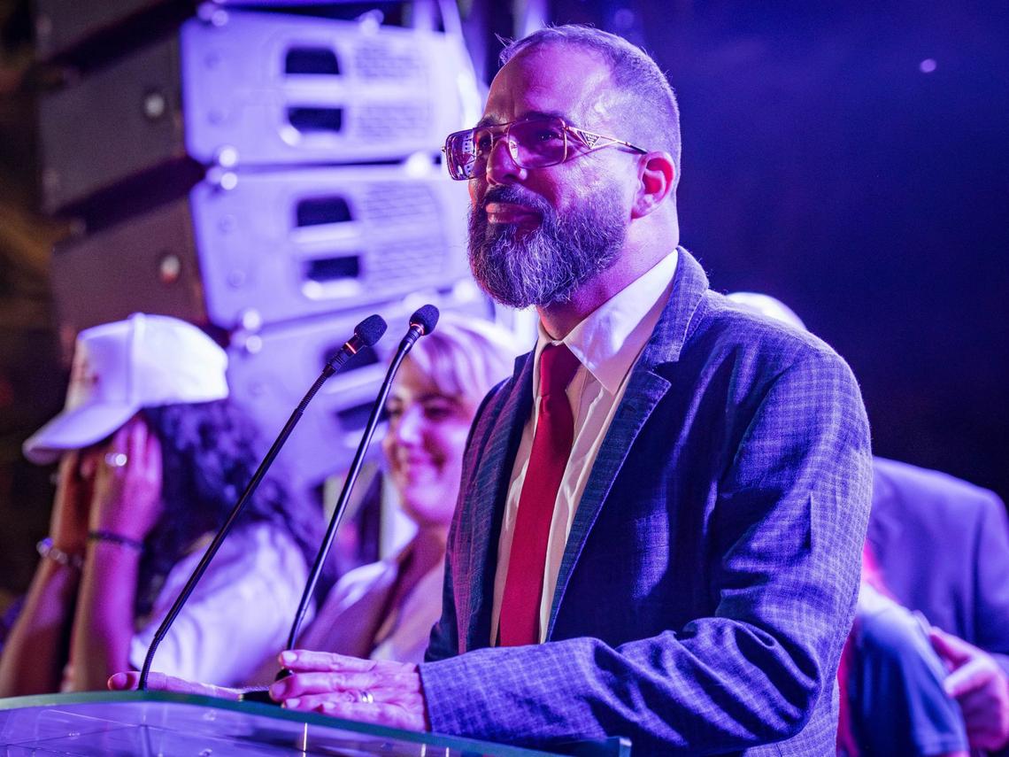 Miami-Dade mayoral candidate Alex Otaola speaks to a crowd of supporters after losing to Daniella Levine Cava at his election watch party at his ranch on Tuesday, Aug. 20, 2024, in Homestead, Florida.