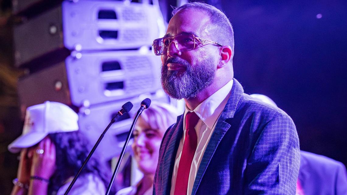 Miami-Dade mayoral candidate Alex Otaola speaks to a crowd of supporters after losing to Daniella Levine Cava at his election watch party at his ranch on Tuesday, August 20, 2024 in Homestead, Fla.