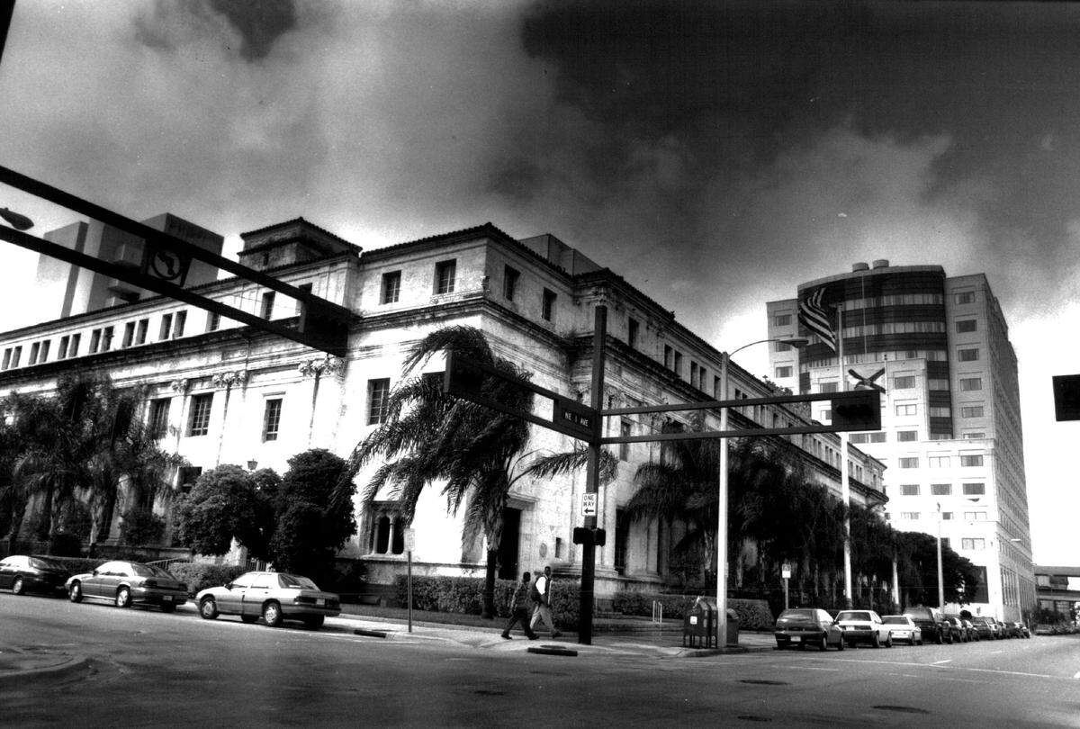 In 1994, landmark buidings: Central Baptist Church and the post office in downtown Miami.