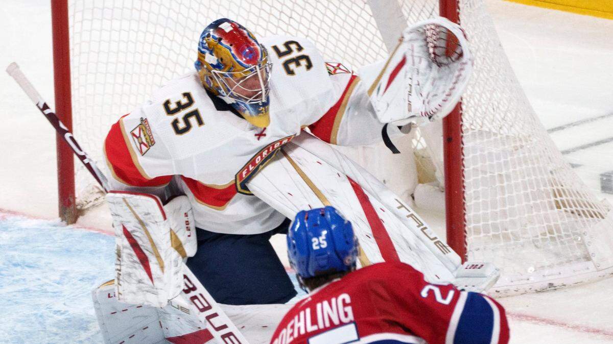 Florida Panthers goaltender Jonas Johansson deflects a shot by Montreal Canadiens’ Ryan Poehling during the second period of an NHL hockey game Friday, April 29, 2022, in Montreal. (Paul Chiasson/The Canadian Press via AP)