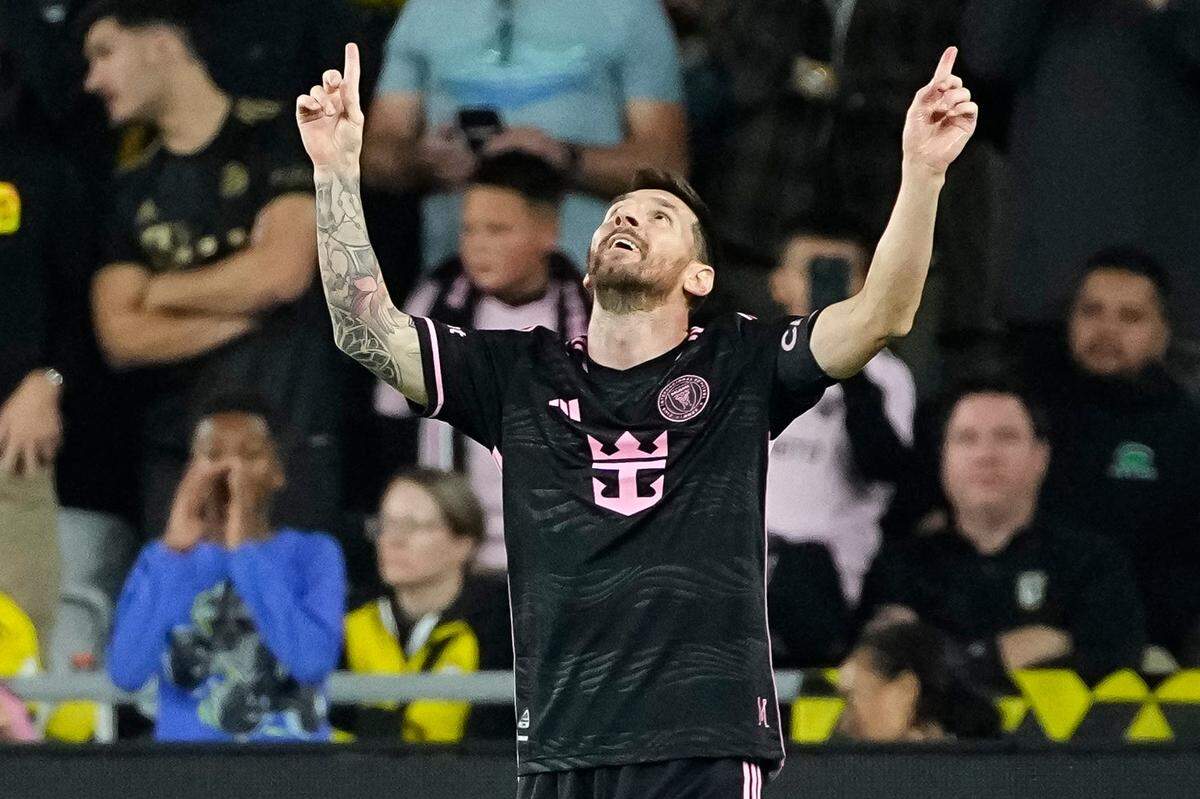 Oct 2, 2024; Columbus, OH, USA; Inter Miami CF forward Lionel Messi (10) celebrates his second of two goals during the first half of the MLS soccer game against the Columbus Crew at Lower.com Field.