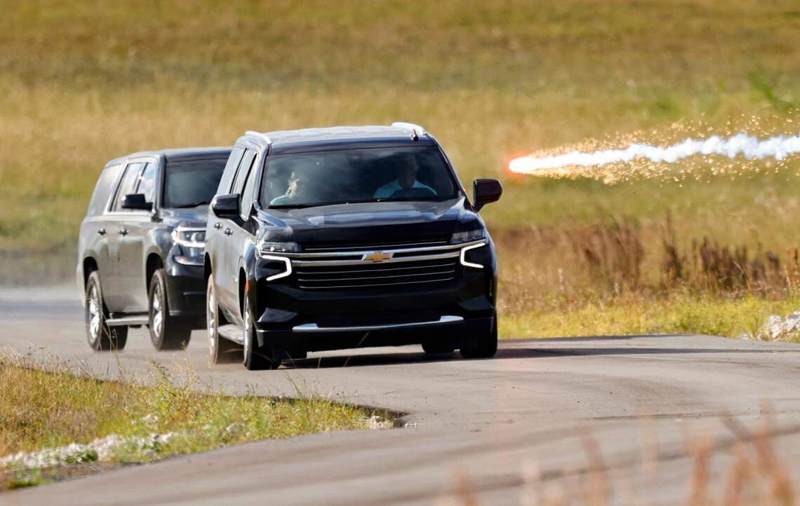 A caravan of cars is “under attack” as the Diplomatic Security Service Miami Field Office is providing dignitary protection training to law enforcement partners from the Miami-Dade Police Department, the City of Miami Police Department, and the Broward County Sheriff’s Office at Miami-Dade Public Safety Training Institute on Wednesday, November 10, 2021 in Doral, Florida.