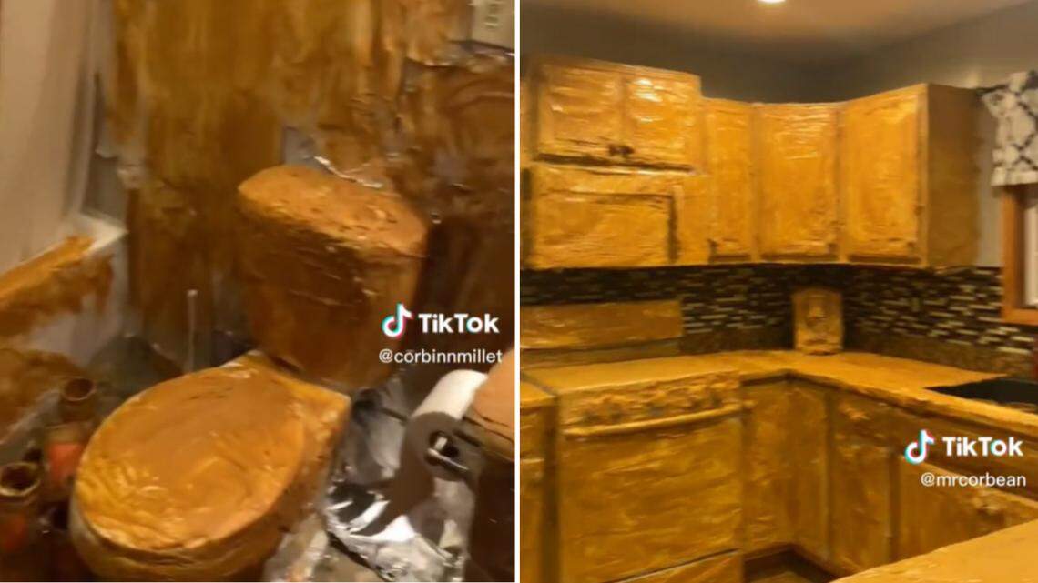 A Pennsylvania son has covered his parents’ bathroom and kitchen in peanut butter, videos show.