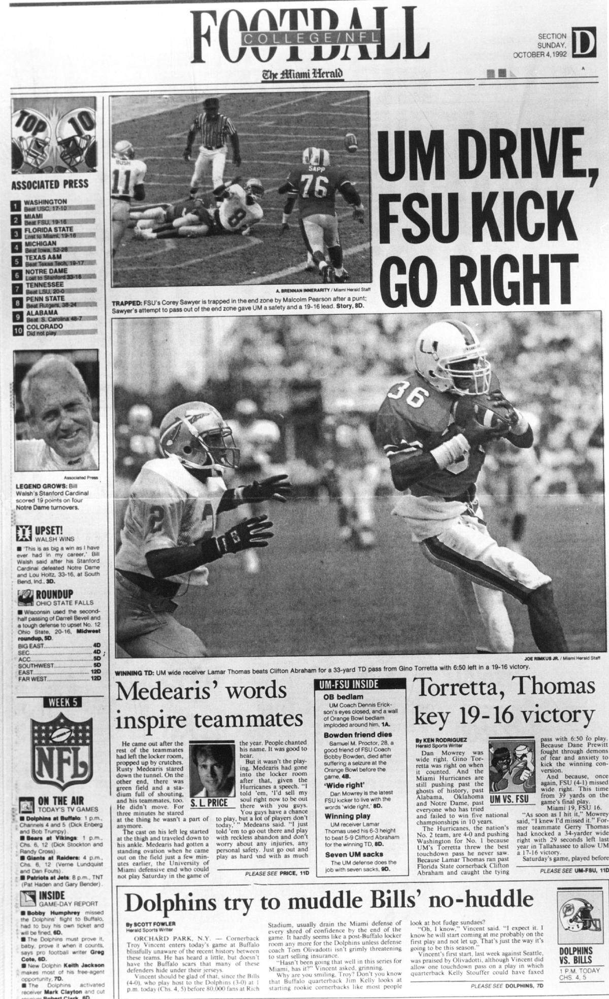 A Miami Herald sports section on UM’s 19-16 victory.
