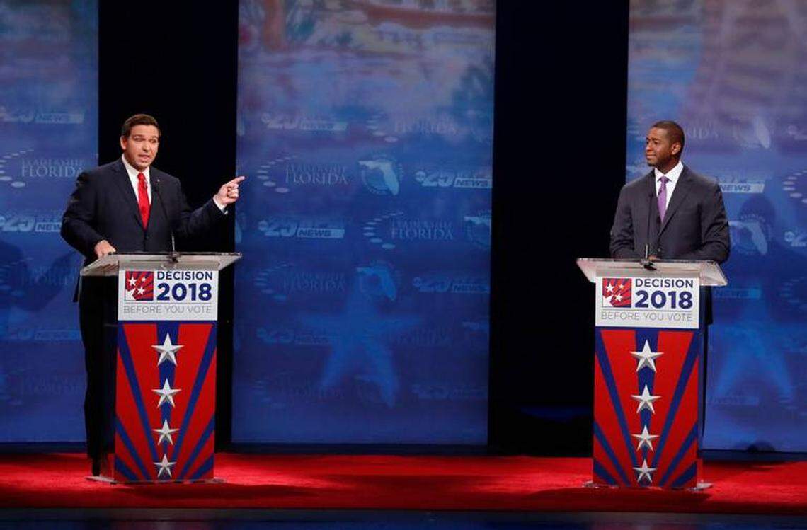 Republican Ron DeSantis (left) debates Democrat Andrew Gillum during the 2018 campaign for Florida governor won by DeSantis.