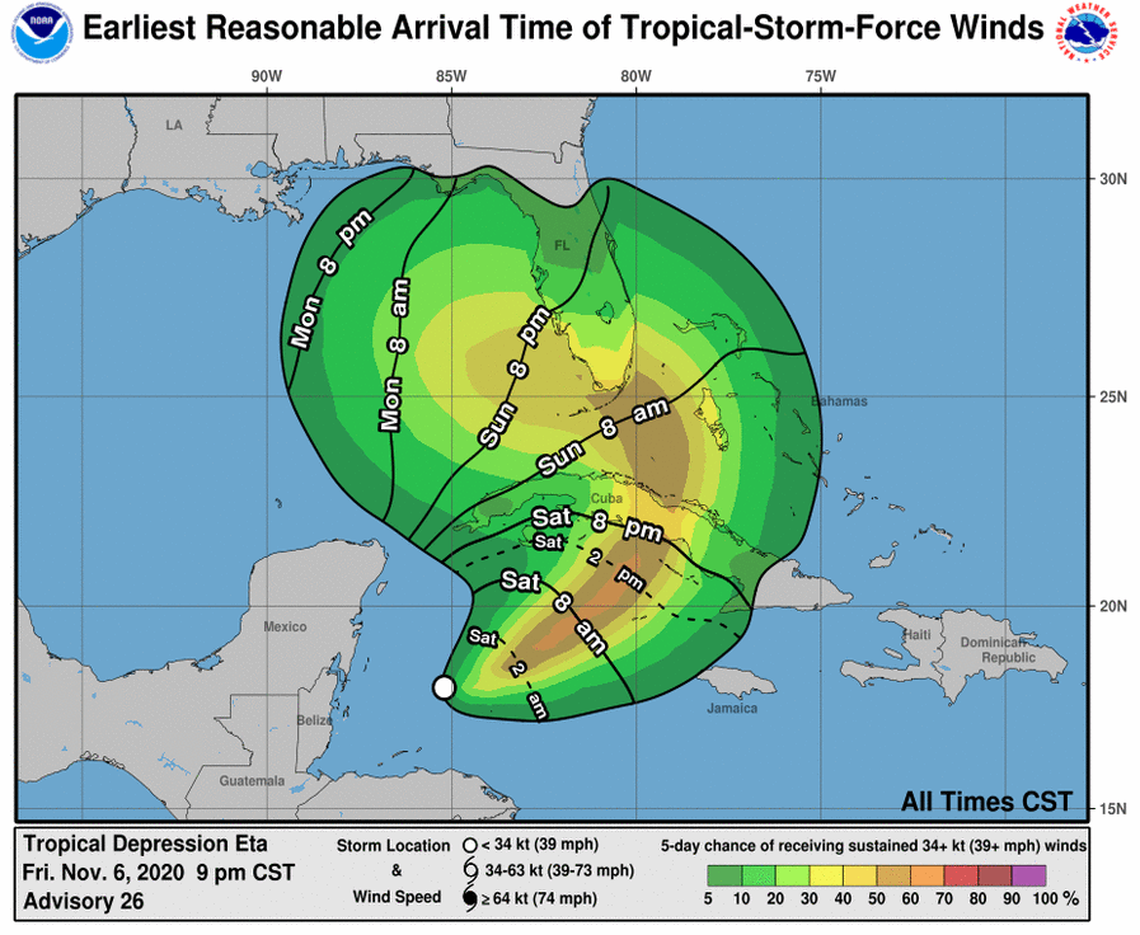South Florida should start to feel tropical-storm-force winds from Eta Sunday morning.
