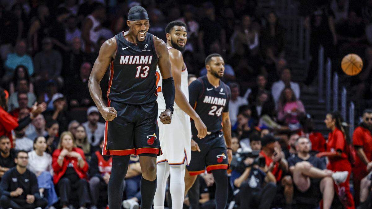 Miami Heat center/forward Bam Adebayo (13) reacts on the court after a call by the official during the first half of their NBA basketball game against the New York Knicks at Kaseya Center in Miami on October 26, 2025.