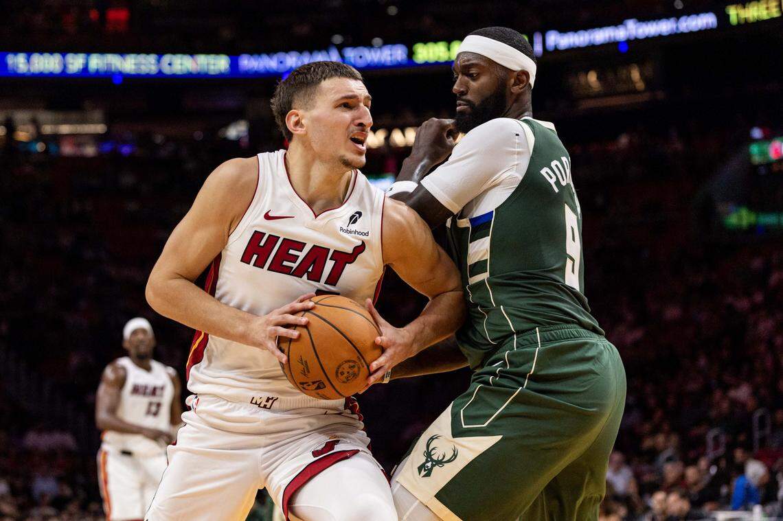 during the first half of an preseason NBA game at Kaseya Center on Monday, October 6, 2025, in Miami, Fla.