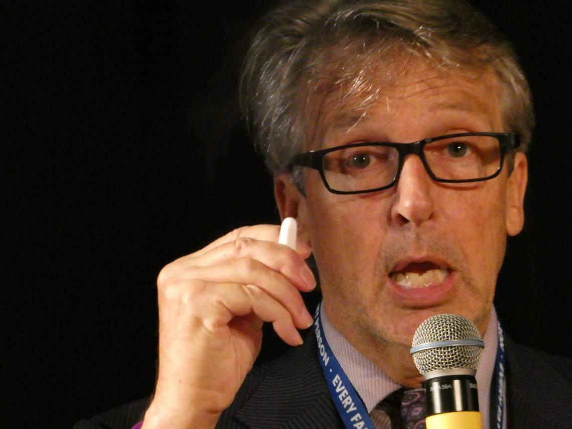 Gregory Swan, founder of “Fentanyl Fathers”, holds a nalaxone medication in his hand while talking at a news conference at Miami Senior High on Nov. 2, 2023 about the importance of raising awareness about the dangers of fake pills and fentanyl.