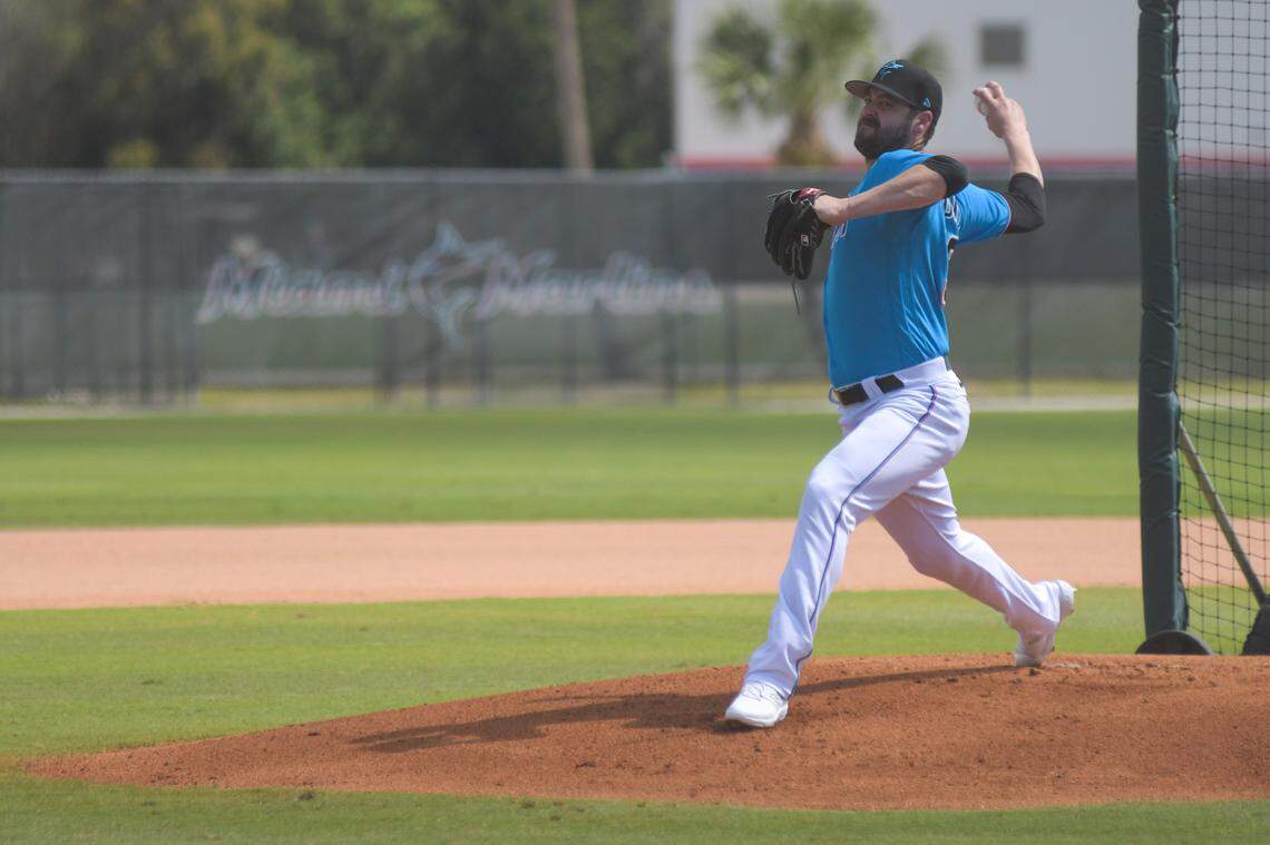 Miami Marlins pitcher Dylan Floro throws a live batting practice session on Wednesday, Feb. 22, 2023, at the Roger Dean Chevrolet Stadium complex in Jupiter, Florida.