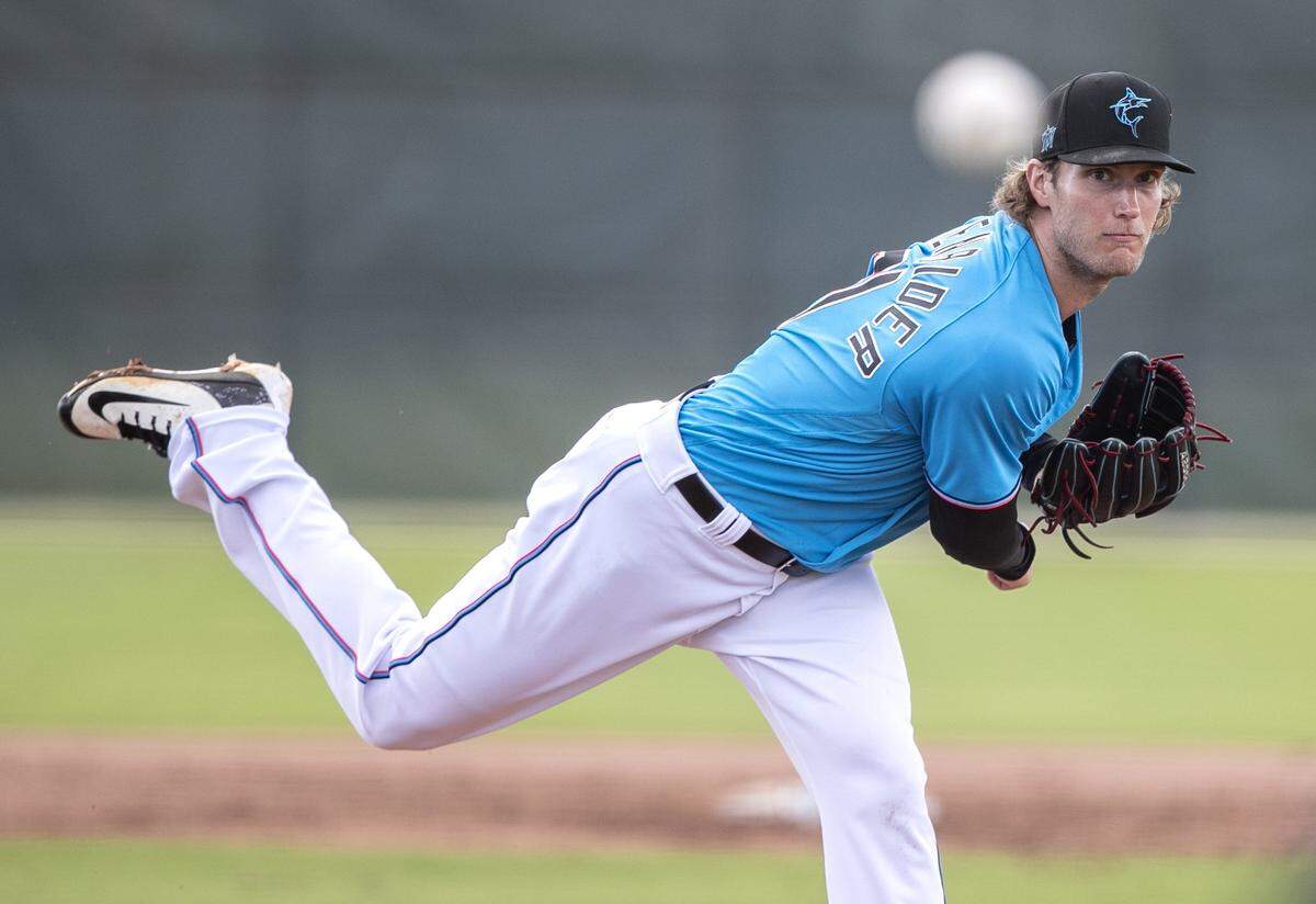 Miami Marlins relief pitcher Drew Steckenrider (71) pitches during Miami Marlins spring training at the Roger Dean Chevrolet Stadium in Jupiter on Wednesday, February 19, 2020.