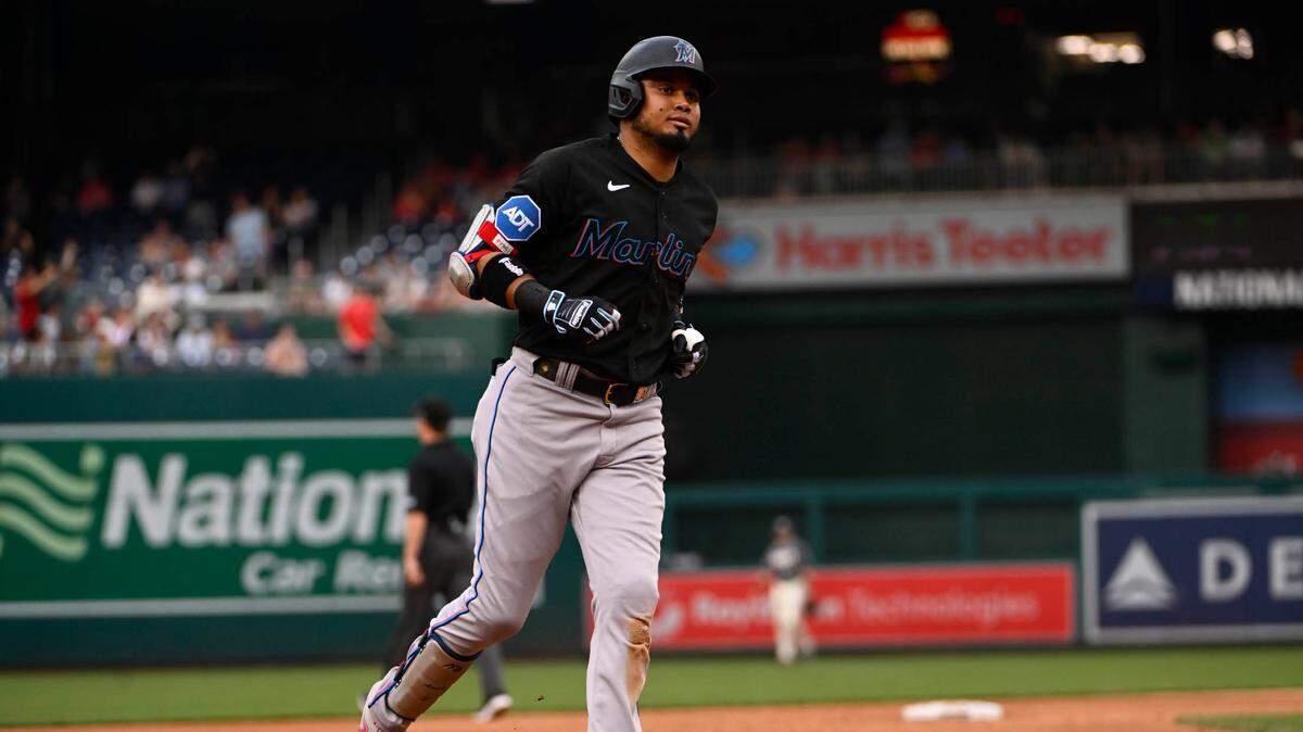 Jun 16, 2023; Washington, District of Columbia, USA; Miami Marlins second baseman Luis Arraez (3) rounds the bases after hitting a two run home run against the Washington Nationals during the second inning at Nationals Park. Mandatory Credit: Brad Mills-USA TODAY Sports