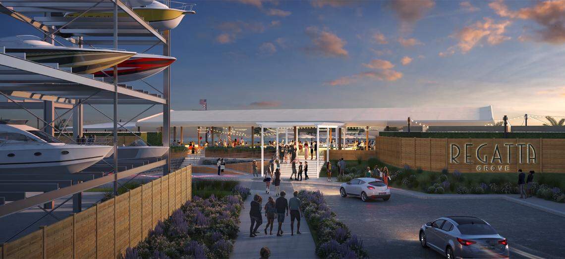 A rendering shows the outside of the Regatta, a planned development in Coconut Grove.