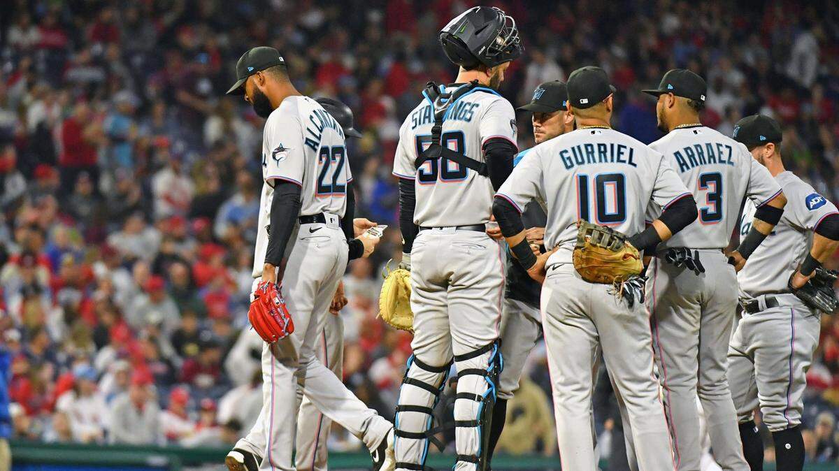 Apr 10, 2023; Philadelphia, Pennsylvania, USA; Miami Marlins starting pitcher Sandy Alcantara (22) walks off the mound during the fifth inning against the Philadelphia Phillies at Citizens Bank Park. Mandatory Credit: Eric Hartline-USA TODAY Sports