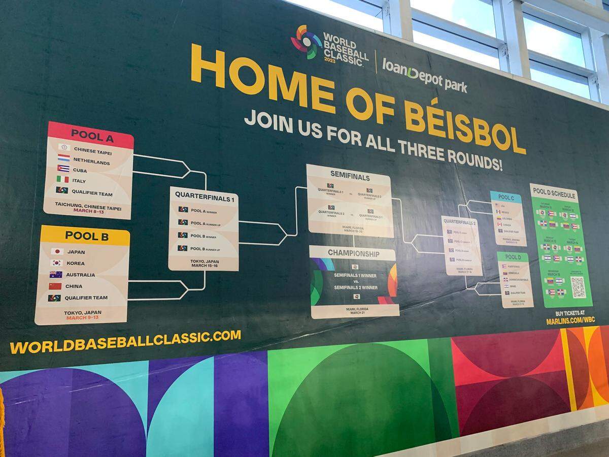The “Home of Béisbol” mural in the left-field concourse at loanDepot park shows the bracket for the 2023 World Baseball Classic. loanDepot park will host in every stage of the tournament — pool play, quarterfinals, semifinal and championship —&nbsp;this year.
