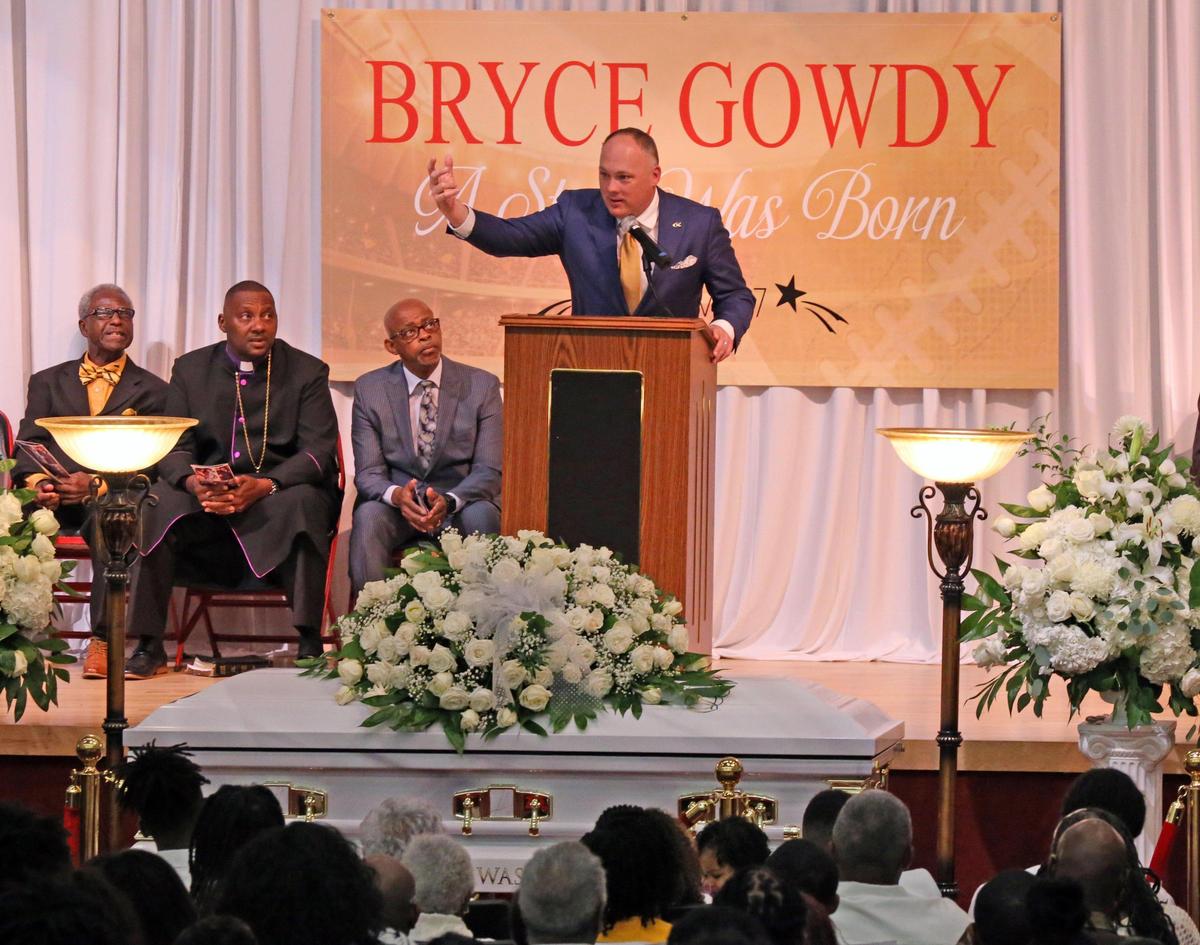 Georgia Tech football coach Geoff Collins speaks during a memorial service for Bryce Jaden-Lee Zane Gowdy, a senior football player at Deerfield Beach High School on Saturday, January 11, 2020.