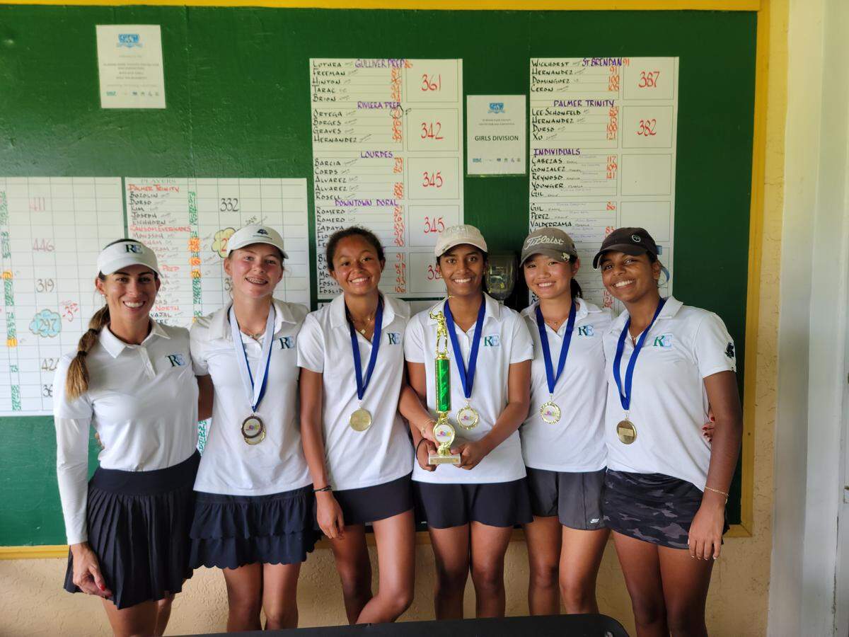 The Ransom Everglades’ girls golf team celebrates this past week after winning the Youth Fair Invitational at Country Club of Miami.