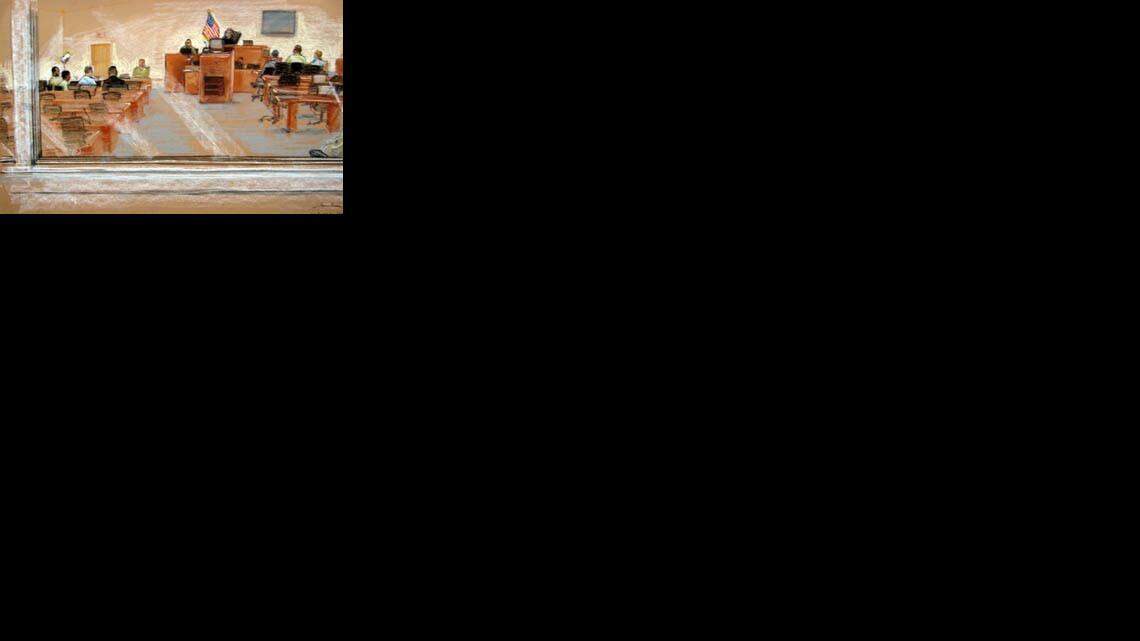 The view from the spectators gallery in the maximum security war court on May 8, 2008 when a series of glitches from power outages to frozen video feeds marred the arraignment of since convicted al Qaeda propagandist Ali Hamza al Bahlul of Yemen.