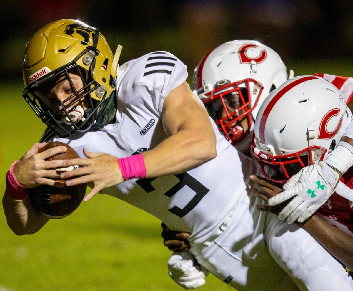 Western High running back Joey Vega (3) stretches across the goal line for the first touchdown of the game during a high school football game against Plantation High School at PAL Football Stadium Complex in Plantation, Florida, on Friday, October 30, 2020.