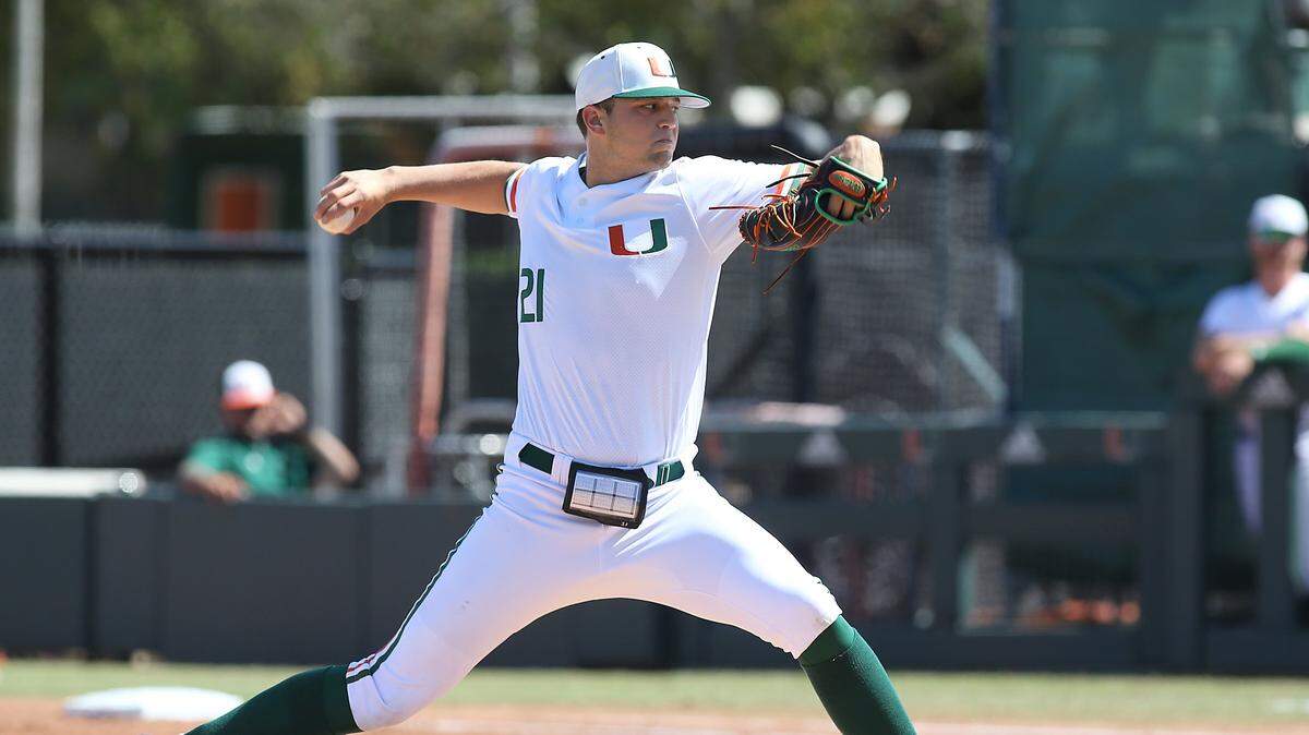 Miami Hurricanes pitcher Slade Cecconi (21) throws against University of Florida Gators during on Sunday, February 23, 2020 at Alex Rodriguez Park at Mark Light Field in Coral Gables