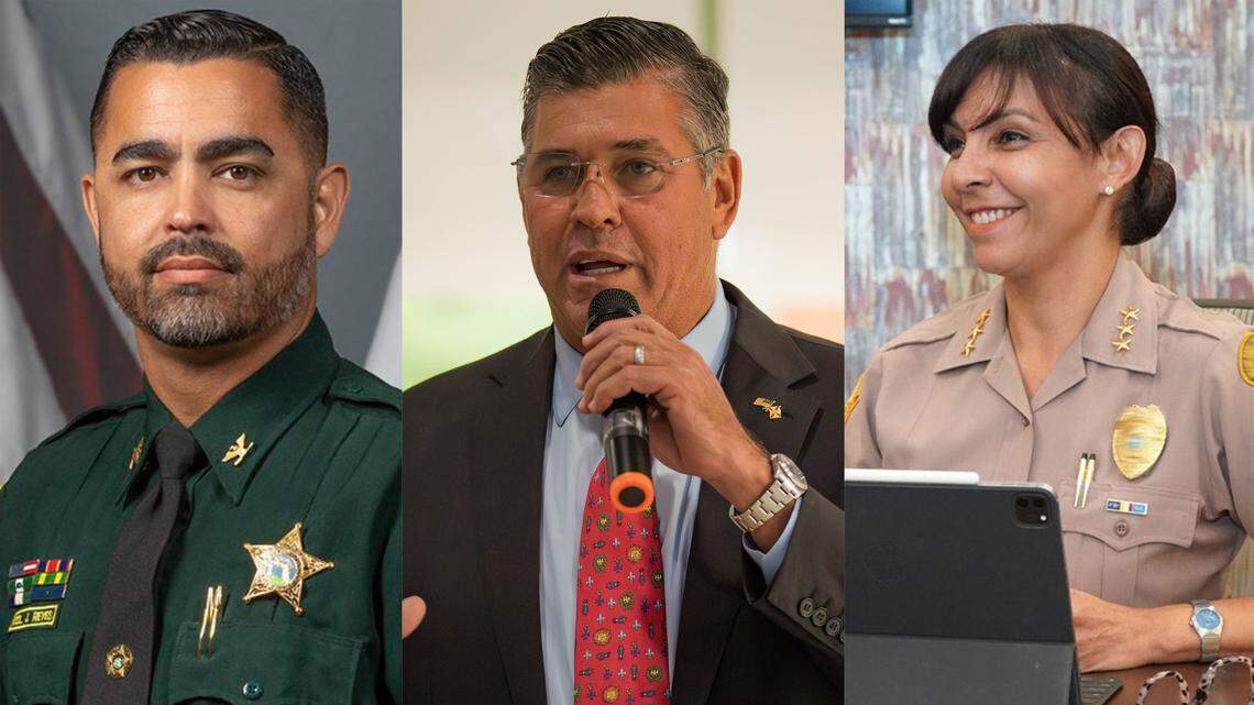 From left to right, Miami-Dade Sheriff candidates James Reyes, Joe Sanchez, and Rosanna ‘Rosie’ Cordero-Stutz, who political analysts say are the front runners in the Aug. 20, 2024, Republican and Democratic primaries. A total of 15 candidates are running for Miami-Dade sheriff — 11 Republicans and four Democrats.