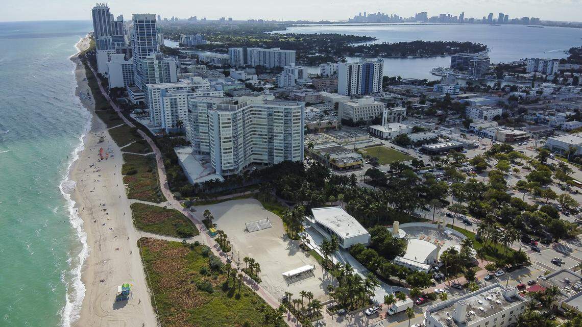An aerial view of Miami Beach’s North Beach section shows the North Shore Bandshell at lower right and the neighborhood’s Town Center in the middle.