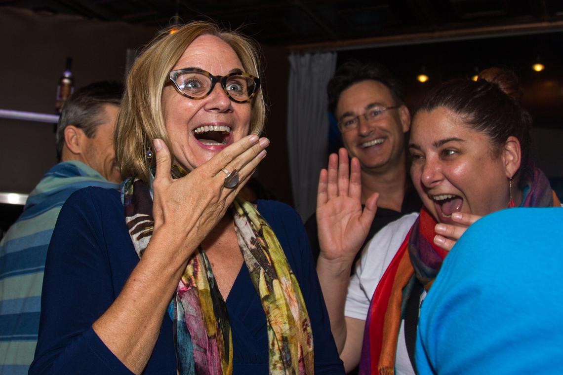 Candidate for vacant Miami-Dade County Commission District 5 seat, Eileen Higgins, reacts to learning the first results of the special election on Tuesday, May 22, 2018, at Batch Gastropub in the neighborhood of Brickell in Miami.