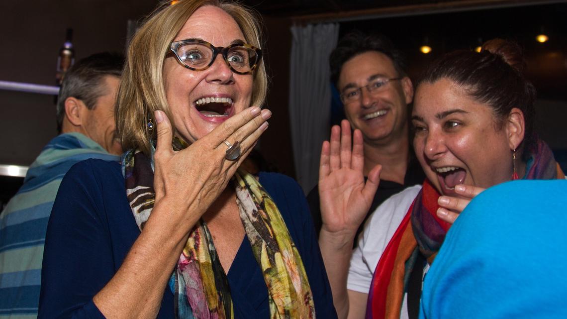 Candidate for vacant Miami-Dade County Commission District 5 seat, Eileen Higgins, reacts to learning the first results of the special election on Tuesday, May 22, 2018, at Batch Gastropub in the neighborhood of Brickell in Miami.