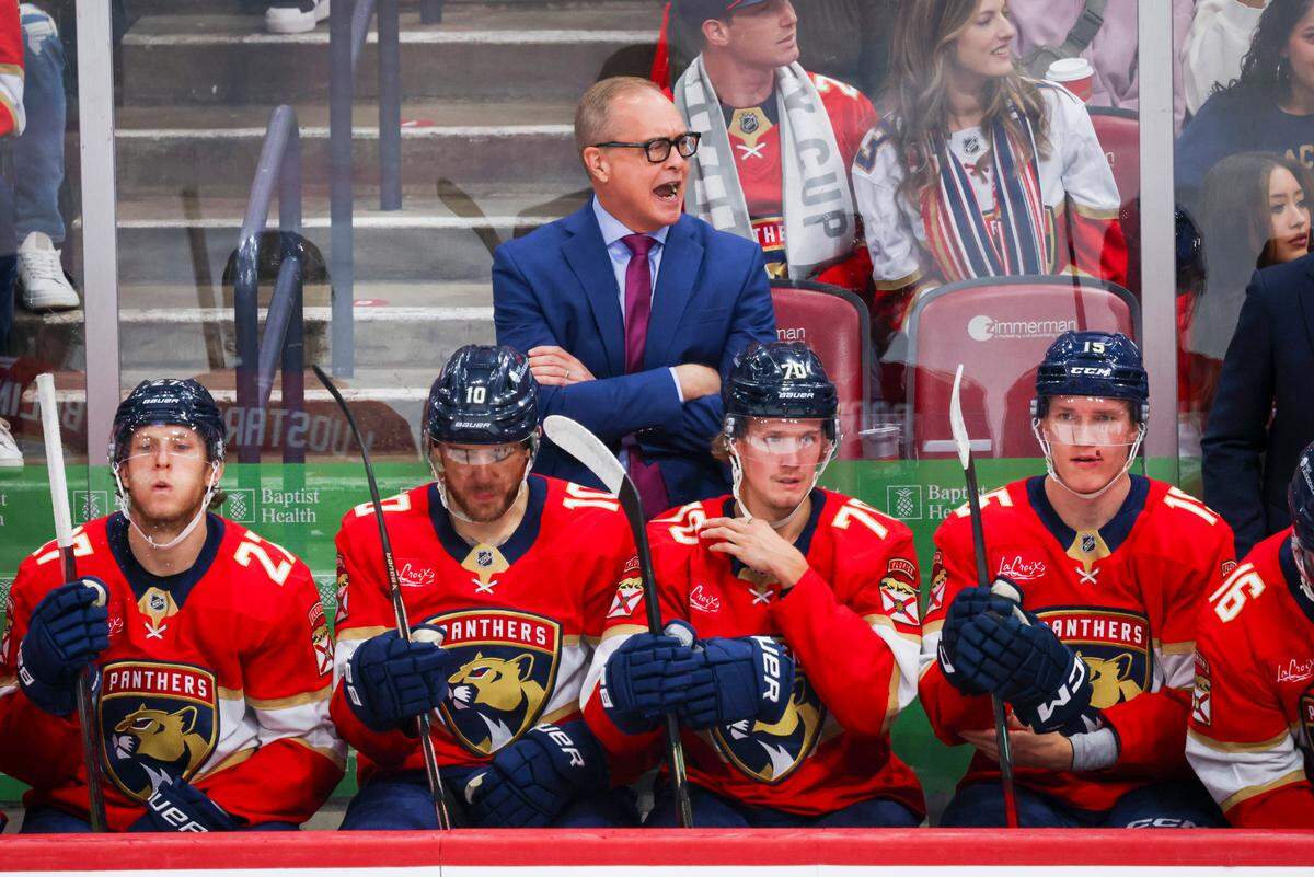 Head Coach Paul Maurice yells to this team during the second period of a game against the Washington Capitals on Monday, Nov. 25, 2024, at Amerant Bank Arena in Sunrise, Fla.