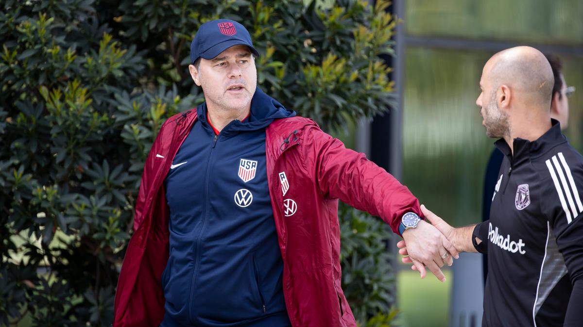 Inter Miami head coach Javier Mascherano greets United States Men’s National Team head coach Mauricio Pochettino as both teams held practices at the Florida Blue Training Center on Monday, Jan. 13, 2025, in Fort Lauderdale, Fla.