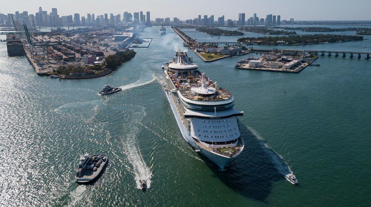 A Royal Caribbean ship leaves PortMiami on Friday, April 12, 2024, in Miami, Fla.