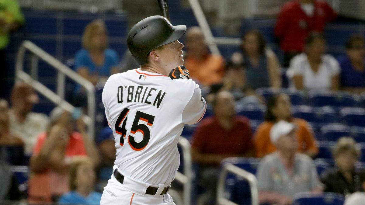 Marlins first baseman Peter O’Brien, hits a solo home run in the second inning of the Miami Marlins vs Washington Nationals game at Marlins Park, Tuesday, September 18, 2018.