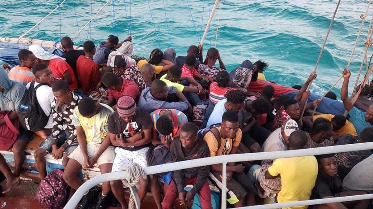 Almost 80 migrants are packed on to a sail boat off the Bahamas on Sunday, May 1, 2022.